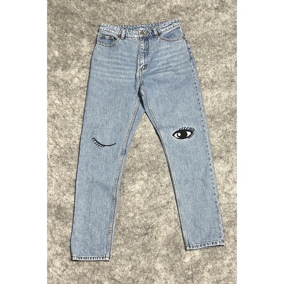 MONKI Kimomo High Rise Relaxed Jeans Women's 27 Embroidered EYE EYELASH - Picture 1 of 17